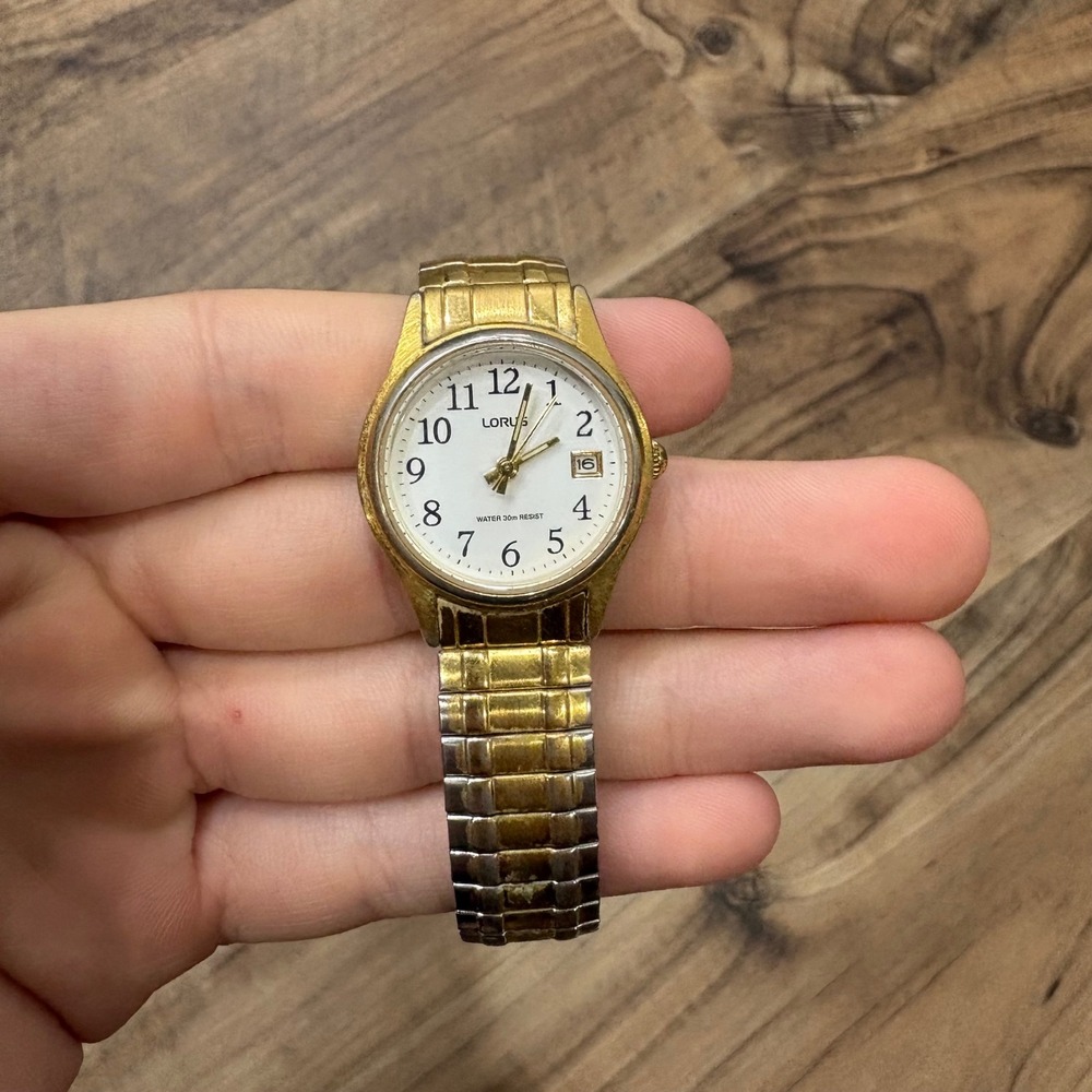 Vintage Y2K Watch 90s Lorus Date Gold Tone Womens OS White Dial Analog LR0067